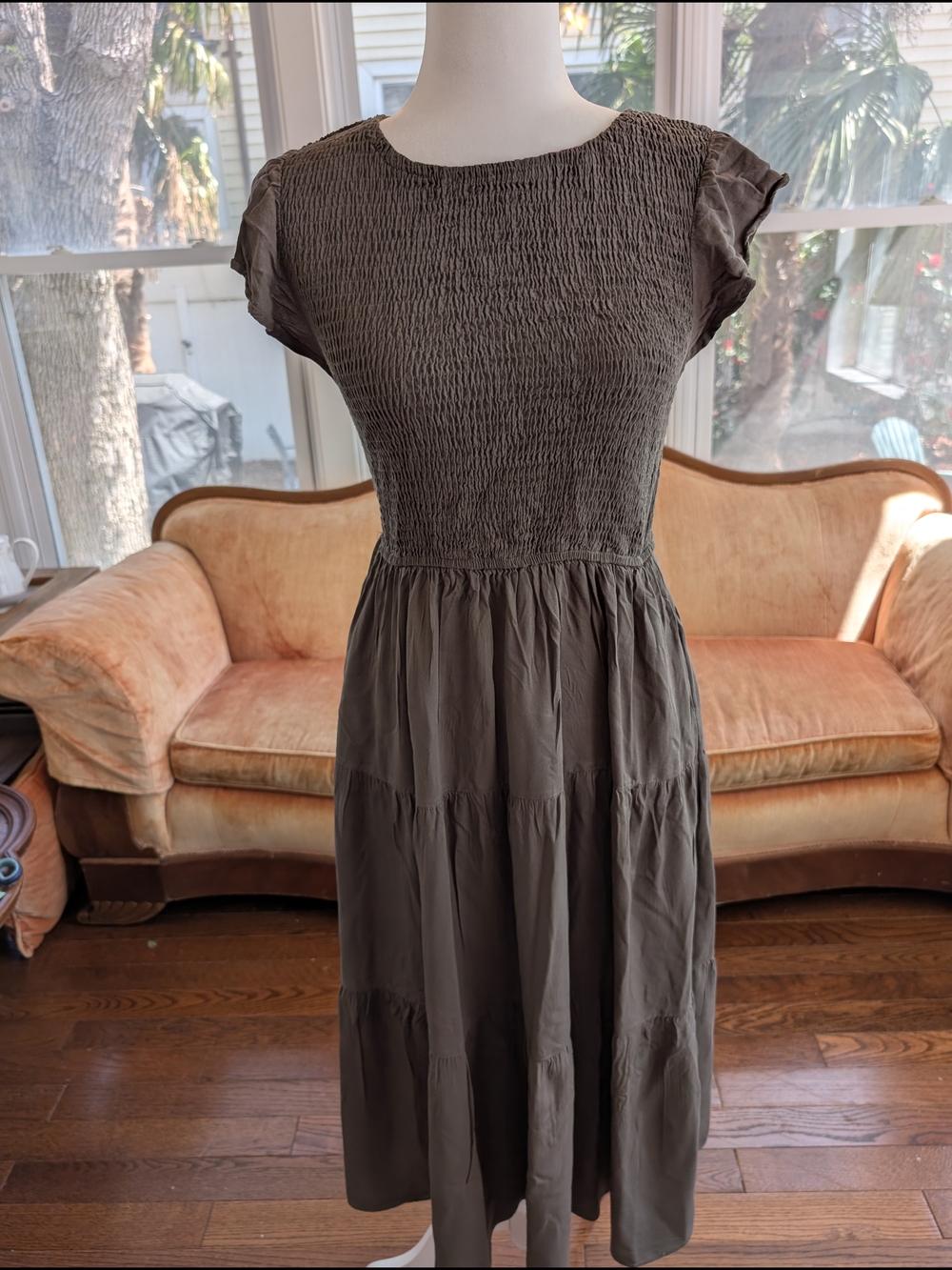 Women’s Tan Smocked Waist Midi Dress Med - Boho Chic - Cottage Core